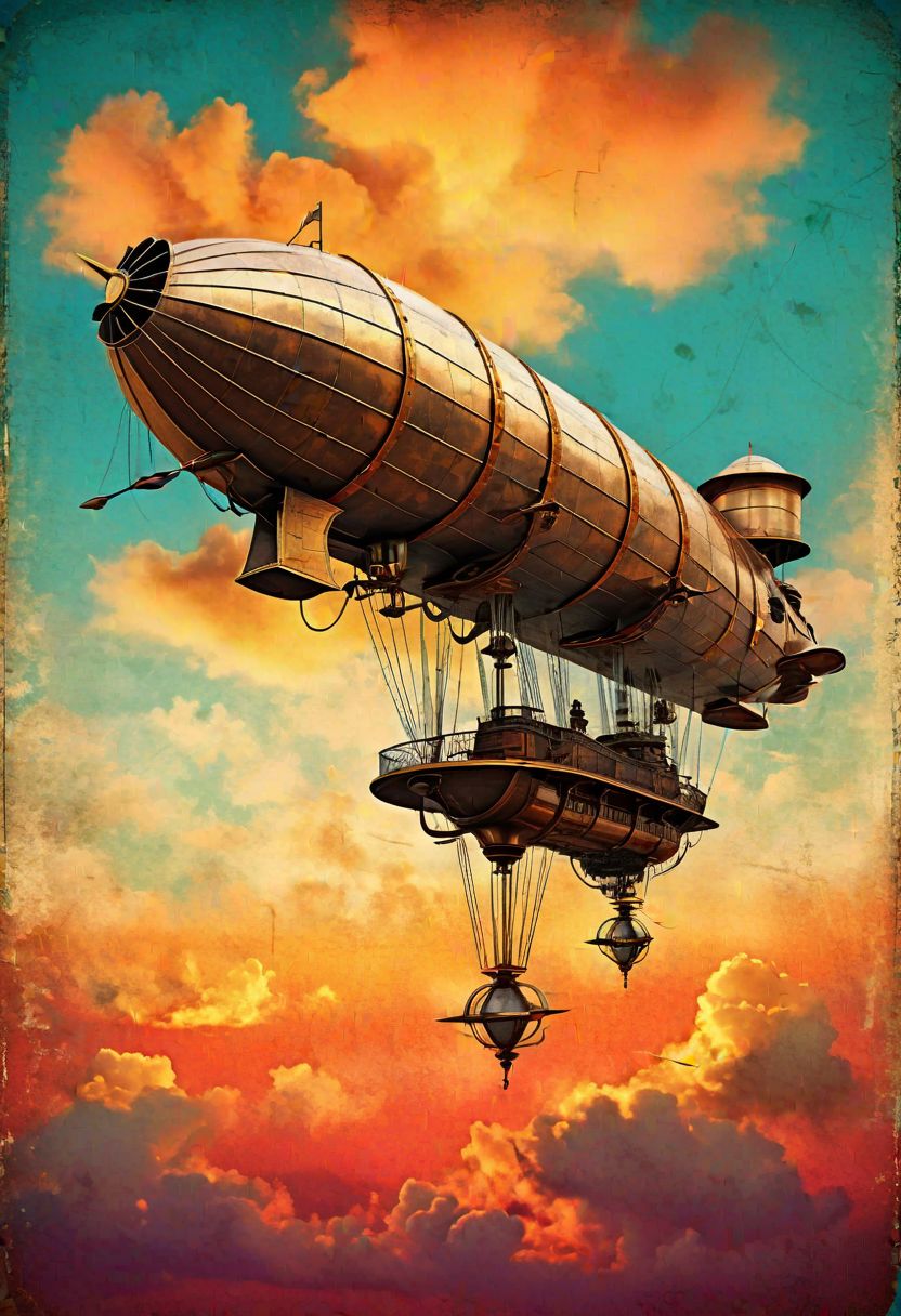 retro-futuristic postcard, steampunk airship, cloverleaf silhouette against a vibrant sunset, stylized clouds, vintage font, weathered texture