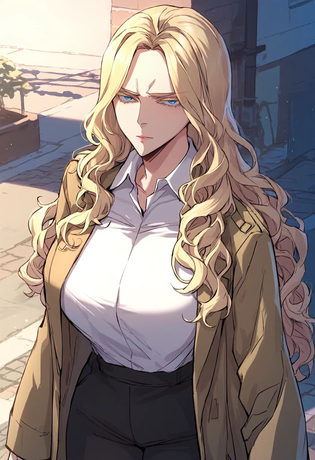 score_9, score_8_up, score_7_up, score_6_up, source_anime, rating_explicit, 1girl, solo, huge breasts, <lora:Alice prefectPonyxl:0.9> blonde hair, blue eyes, long hair, wavy hair, colored eyelashes, brown coat, trench coat, white shirt, collared shirt, long sleeves, black pants, expressionless, street, outdoors, looking at viewer, close-up