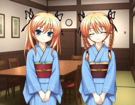 general,highres, ultra-detailed,very aesthetic,best quality ,best hands, BREAK <lora:Itsukiï¼Imi_IS:1>ãItsukiï¼Imi,
multiple girls, 2girls, japanese clothes, blue kimono, braid, siblings, twin braids, twintails, closed eyes, ribbon, yukata, long sleeves, blue kimono, sash, smile, obi, blush, own hands together short stack, looking at viewer, cowboy_Shot, room, chair, red carpetm