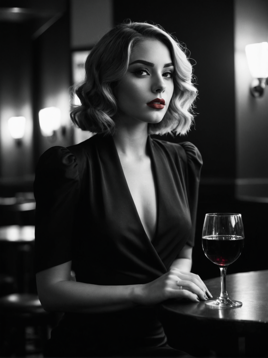 A dynamic cinematic photograph of Jenna_Sims_P_MXAI_SDXL:1.2  , red lips, dramatic makeup, sitting on a stool in a bar, 1930s speakeasy, holding a glass of red wine, mad-sincity, noir, B&W, volumetric smoke in the background, glam,, SK_CINEMATIC, ziprealism