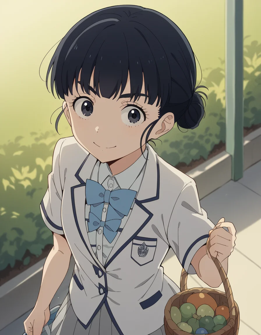 score_9, score_8_up, score_7_up, source_anime, <lora:tiara-basori-s1-ponyxl-lora-nochekaiser:1>, tiara basori, bangs, black hair, hair bun, black eyes, single hair bun,, skirt, shirt, bow, school uniform, white shirt, short sleeves, grey skirt, pleated skirt, bowtie, blue bowtie, blue bow, blazer,, farmers market, fresh produce, local vendors, baskets, sunny day, community, smile, , from above,, solo,, cowboy shot, dutch angle