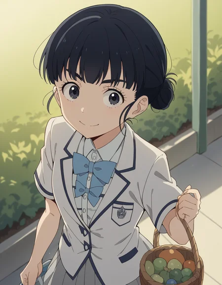 score_9, score_8_up, score_7_up, source_anime, <lora:tiara-basori-s1-ponyxl-lora-nochekaiser:1>, tiara basori, bangs, black hair, hair bun, black eyes, single hair bun,, skirt, shirt, bow, school uniform, white shirt, short sleeves, grey skirt, pleated skirt, bowtie, blue bowtie, blue bow, blazer,, farmers market, fresh produce, local vendors, baskets, sunny day, community, smile, , from above,, solo,, cowboy shot, dutch angle