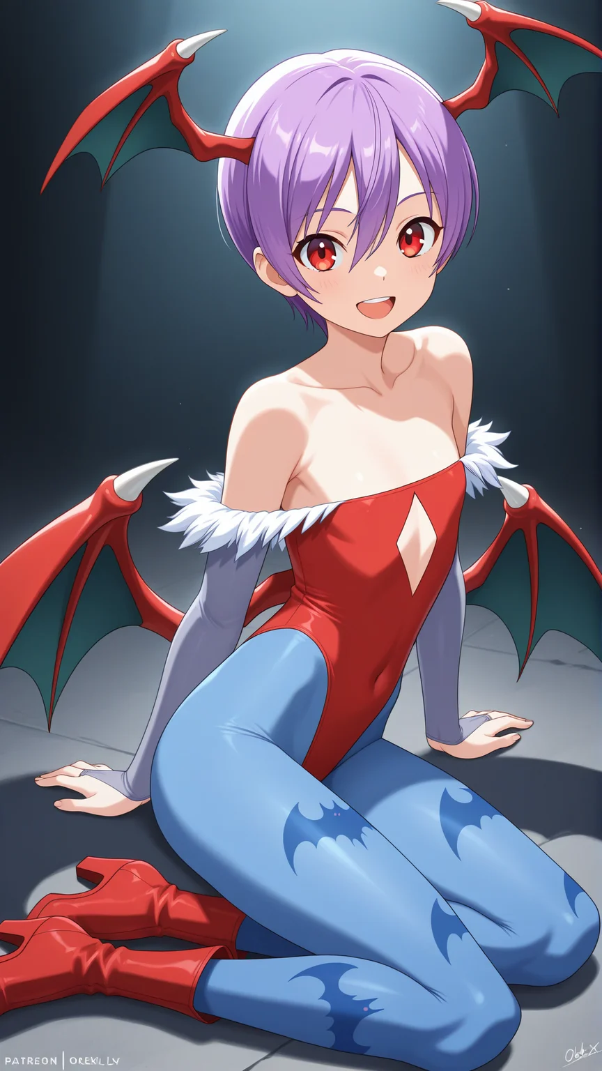 anime coloring, highres, anime screenshot, dramatic lighting, intricate details, masterpiece, best quality, absurdres, depth, ((official style)), Lilith_XL, 1girl, solo, looking at viewer, smile, open mouth, gloves, bare shoulders, sitting, collarbone, full body, :d, pantyhose, boots, teeth, wings, artist name, elbow gloves, signature, leotard, high heels, flat chest, clothing cutout, covered navel, upper teeth only, watermark, arm support, demon girl, bat wings, animal print, head wings, red footwear, bridal gauntlets, highleg leotard, demon wings, high heel boots, oekaki, low wings, yokozuwari, red leotard, red wings, print pantyhose, bat print, blue pantyhose, diamond cutout, breasts, small breasts, fur trim <lora:Lilith_Morrigan_XL-20:0.9>