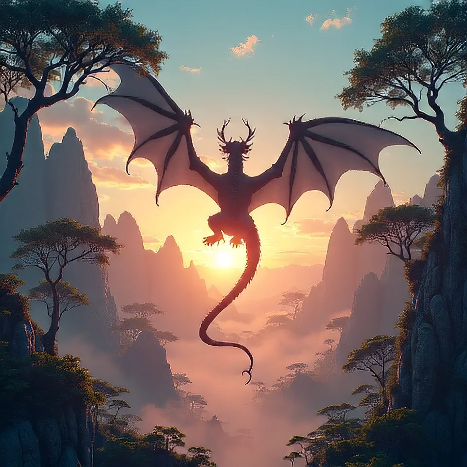 A cinematic shot of a photorealistic movie of the silhouette of a dragon from behind flying into a sunset. The environment is a jungle with gigantic trees and tall mountains based on ancient Chinese mythology.