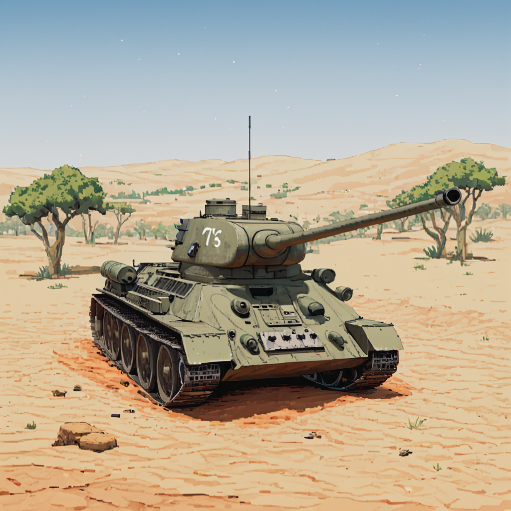 a t3485tnk tank is in jordanian desert, sand, dust, acacia tree, ((pulp_comic, heavy_lines, hand_drawn, hand_inked, hand_colored, apxlz))