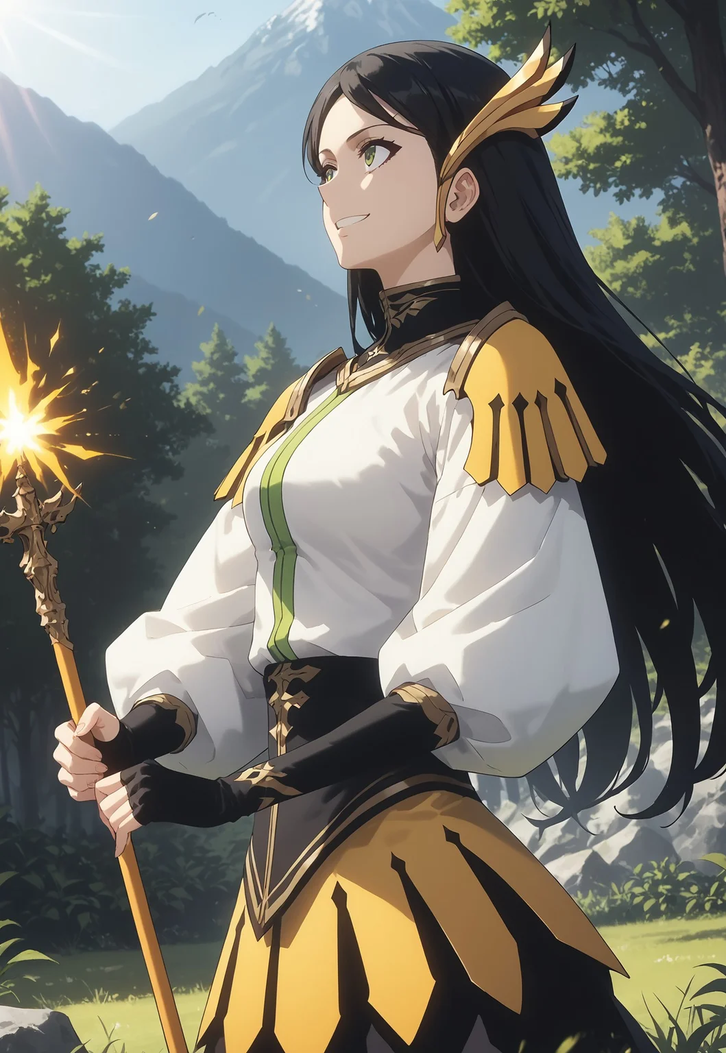 score_9, score_8_up, score_7_up, masterpiece, best quality, absurdres, vibrant, highly detailed, very aesthetic, anime screencap, anime coloring, from side, 1girl, solo, long hair, black hair, green eyes, yellow hair ornament, yellow shoulder pads, white shirt, white top, black collar, multicolored shirt, white sleeves, puffy sleeves, yellow skirt, black gloves, long gloves, fingerless gloves, black leggings, dynamic pose, smile, yellow magic staff, holding with both hands, casting magic, sparks, dramatic lightning, outdoors, forest, (dappled sunlight:1.5), mountain background