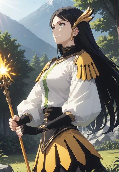 score_9, score_8_up, score_7_up, masterpiece, best quality, absurdres, vibrant, highly detailed, very aesthetic, anime screencap, anime coloring, from side, 1girl, solo, long hair, black hair, green eyes, yellow hair ornament, yellow shoulder pads, white shirt, white top, black collar, multicolored shirt, white sleeves, puffy sleeves, yellow skirt, black gloves, long gloves, fingerless gloves, black leggings, dynamic pose, smile, yellow magic staff, holding with both hands, casting magic, sparks, dramatic lightning, outdoors, forest, (dappled sunlight:1.5), mountain background