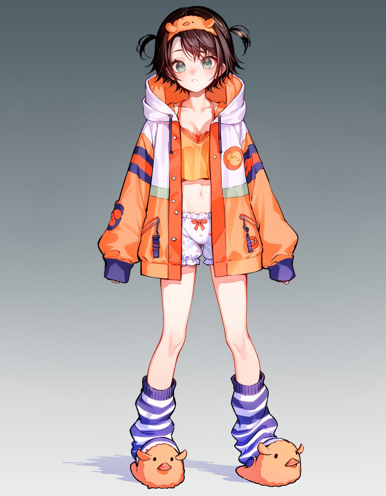 source_anime, score_9, score_8_up, score_7_up,
<lora:oozora_subaru_pony_v1:1>
shubaLounge, gradient eyes, aqua eyes, hooded jacket, hood down, multicolored jacket, striped socks, loose socks, duck slippers, hairband, two side up, bloomers, white blooomers, crop top, midriff, orange bra, open clothes, 
1girl, solo, gradient background, full body, standing