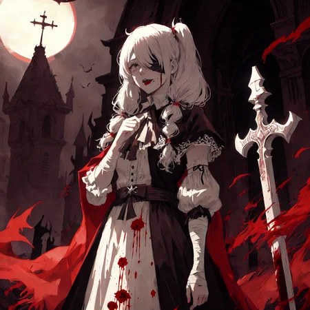 ashenhard style,ultra-detailed,highres,intricate detail,(best quality:1.2),(masterpiece:1.2),extremely detailed CG unity 8k wallpaper,illustration,original,1girl,solo,cowboy shot,vampire,bandage over one eye,white skin,twintails,blood in hair,