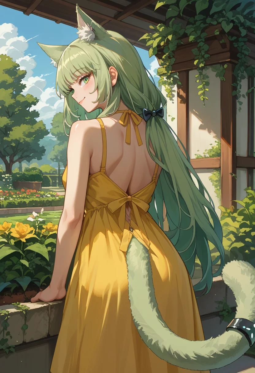 score_9, score_8_up, source_anime, 1girl, solo, HarmonieArknights, long hair, cat ears, cat tail, tail ornament, from behind, yellow sundress, garden, day, sunshine, smile, looking back, <lora:ChamHarmoniePonyXL:1>
