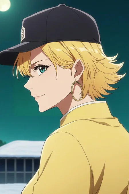 score_9, score_8_up, score_7_up, source_anime, anime screencap, rating_safe, intricate details, , depth of field, 1girl, aqua eyes, baseball cap, blonde hair, closed mouth, earrings, green background, hat, hoop earrings, jewelry, looking at viewer, shirt, short hair, simple background, solo, upper body, yellow shirt, solo, profile, snowy mountain, night, full moon, slouching, light smile, <lora:bleach_tybw_style_pony:1.06>, bleach_tybw_style, , <lora:sdxl_lightning_8step_lora:1>