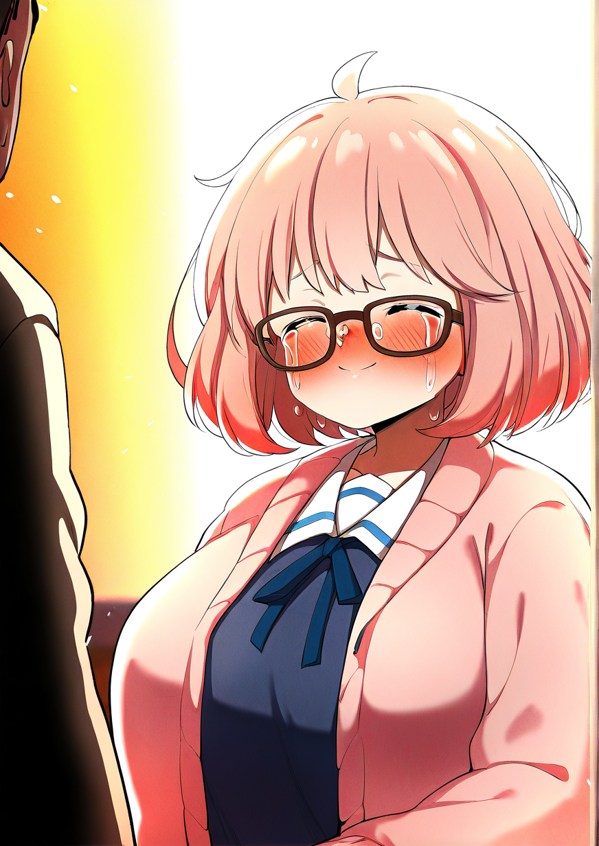<lora:golmonk99:1>,1girl, kuriyama mirai, huge breasts, , black-framed eyewear, blush, cardigan, closed eyes, closed mouth, glasses, happy tears, pink cardigan, pink hair, school uniform, short hair, smile, solo focus, tears,