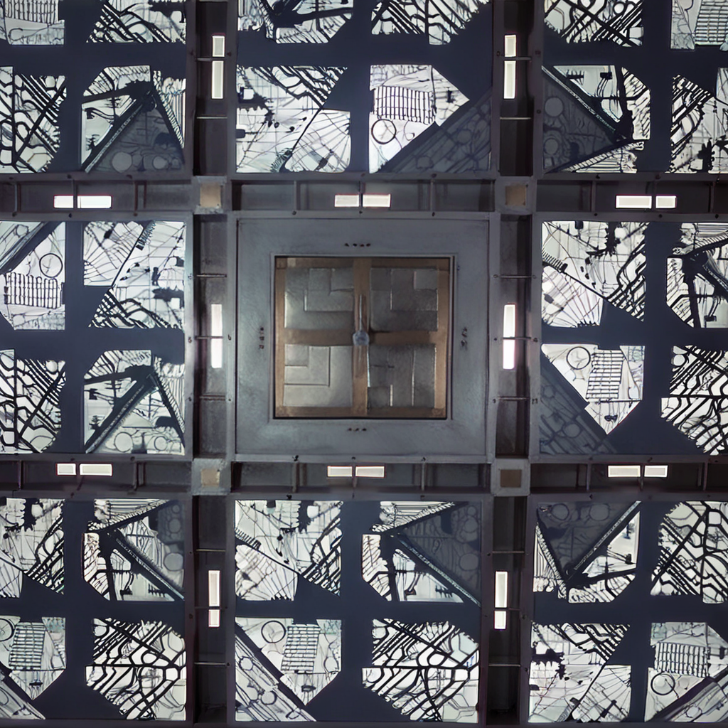 cpollcubemovie, cpollcubewhite, full room, wide view, frontal view, symmetrical layout, geometric patterns, glowing walls, sterile environment, isolated feeling, closed hatch, "A 5x5x5 meter white room viewed from a wide perspective. The room is shown from a POV angle looking straight into the space with no people visible. The room has an identical, symmetrical layout on all sides, with geometric patterns on the walls. In the center of each wall is a closed, square metal hatch. The walls feature a glowing effect with soft white lighting, creating a sterile environment and a sense of isolation."
