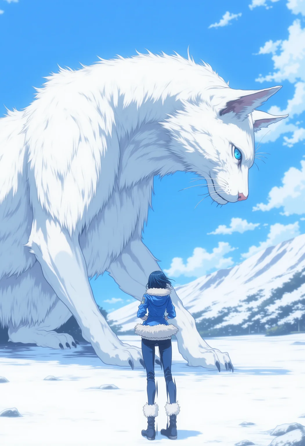 <lora:NeonFantasyPrimeFLUX-000049:0.9> ne0nfant4sy,
an image of a woman standing in a snowy landscape, looking up at a large, imposing creature. the woman is wearing a blue jacket with white fur trim, blue pants, and dark shoes. they have short, dark hair and are facing the creature. the creature is a massive, white, cat-like beast with blue eyes, sharp claws, and a powerful build. its size and the person's small stature create a sense of awe and wonder. the background features snow-covered mountains and a clear blue sky with a few clouds. the scene suggests a serene, natural environment with a hint of the unknown.