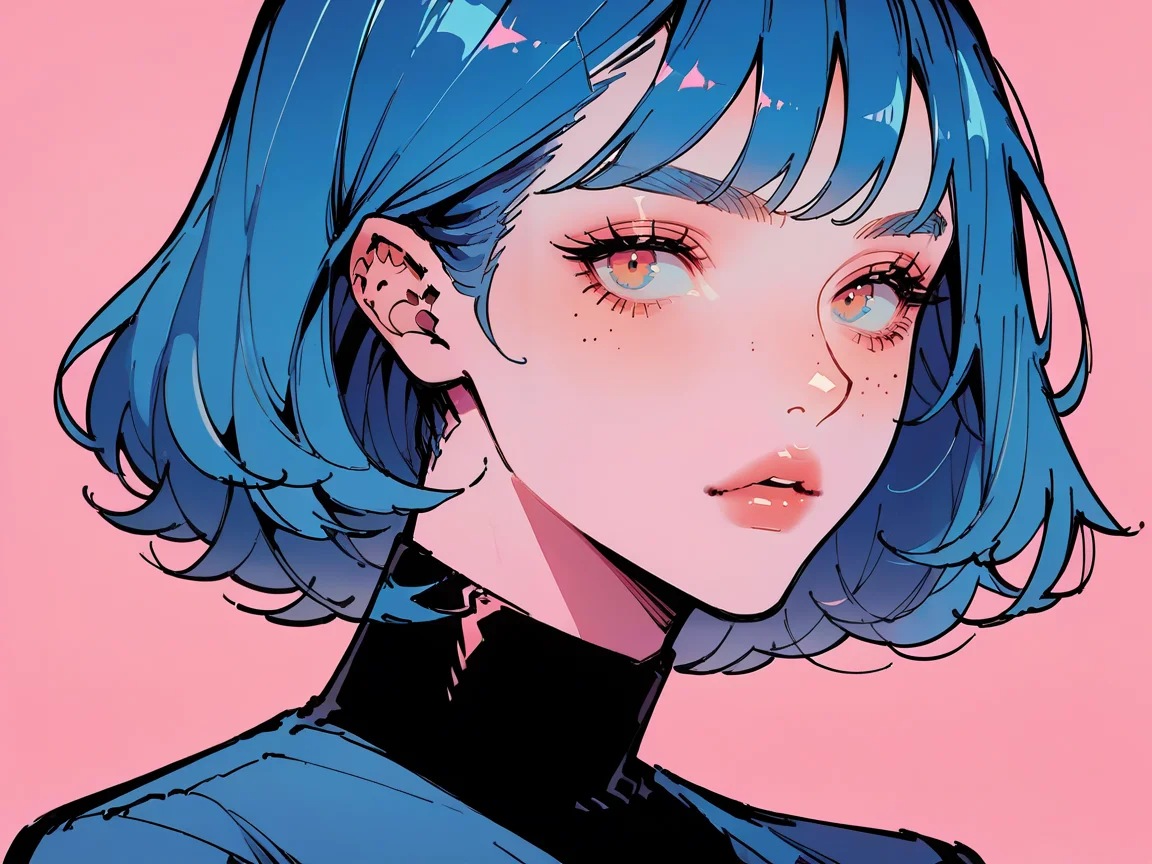 score_9, score_8_up, score_7_up, score_6_up, score_5_up, <lora:P0p4rtXLP:1> p0p4rt, 1girl, blue hair, pink background,