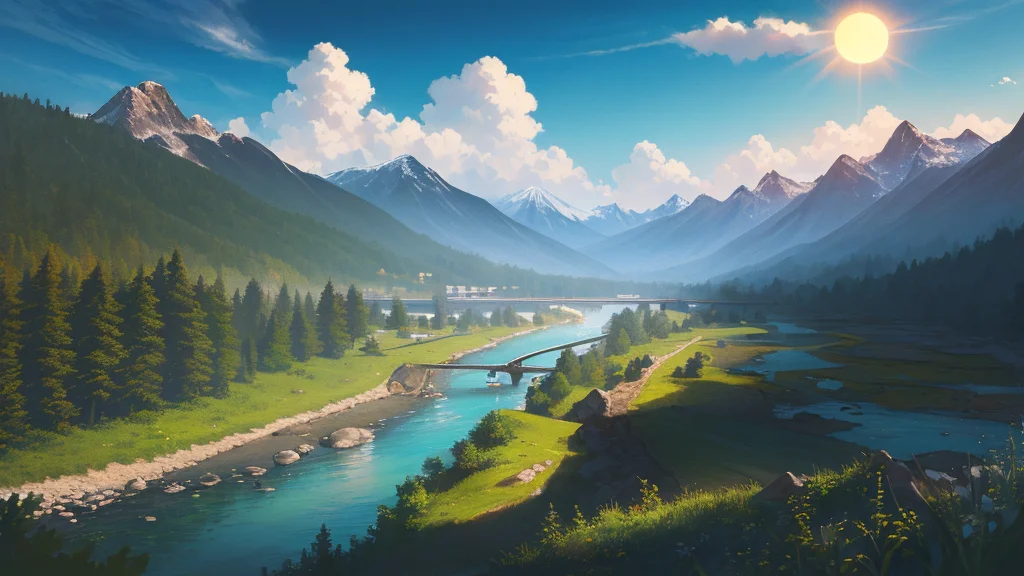 (masterpiece, high quality, highres,Highest picture quality), (Master's work),
detailed background, masterpiece, best quality, scenery, mountains, river, forest, sun, day, clouds,
<lora:epiNoiseoffset_v2:1>, <lora:mochaBeautifulSky_v10:0.6>