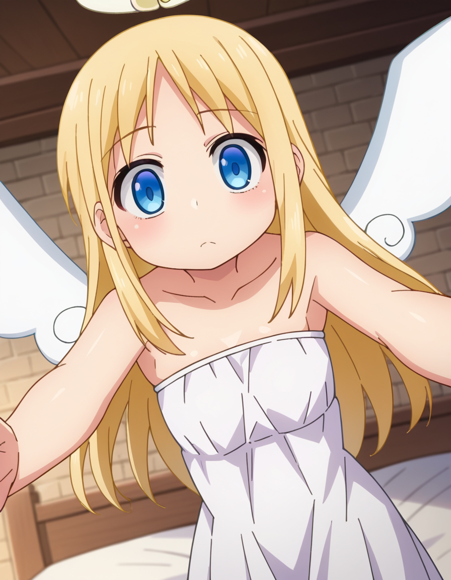 score_9, score_8_up, score_7_up, source_anime,
crimvael, <lora:crimvael-ponyxl-lora-nochekaiser:1>
crimvael, long hair, blue eyes, blonde hair,
dress, bare shoulders, collarbone, wings, white dress, strapless, halo, strapless dress, angel wings, white wings, angel,
indoors, bed, bed room, on back, arm support, arms up, incoming hug, pov, reaching, reaching towards viewer,
looking at viewer, dutch angle, cowboy shot,