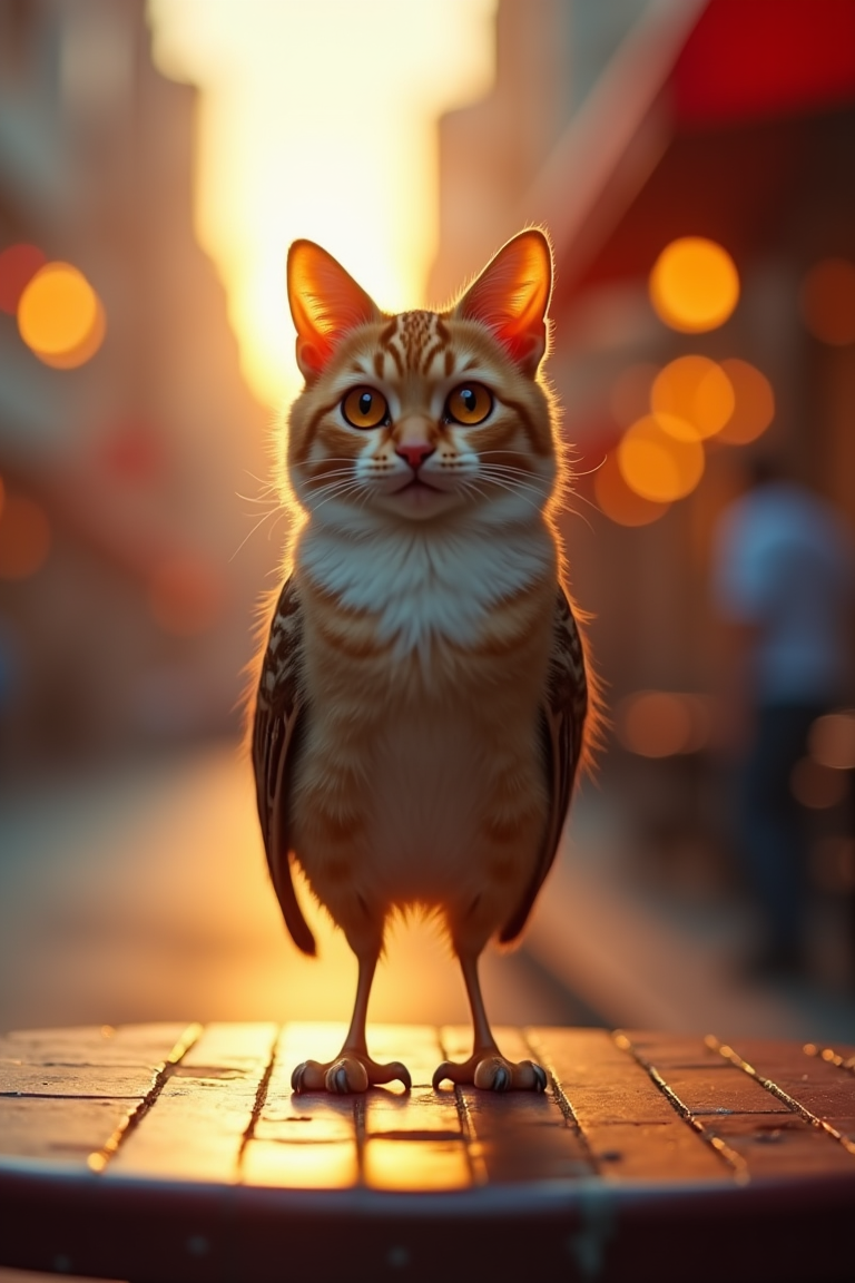 Hybrid between cat and sparrow, small sparrow with cat head, cat hind legs, on top of a bar table on the sidewalk, sunset, extremely vivid and detailed place, blurred background, hyperrealistic, action scene, cinematic, perfect textures