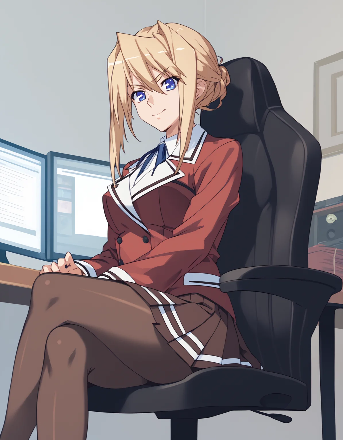 score_9, score_8_up, score_7_up, <lora:sylvia-ponyxl:0.95> hossen, red jacket, school uniform, pleated skirt, brown pantyhose
1girl, solo, smile, sitting, crossed legs, gaming chair, desk, monitor