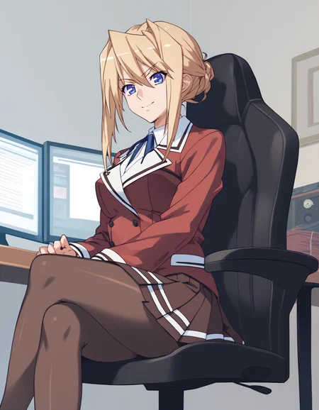score_9, score_8_up, score_7_up, <lora:sylvia-ponyxl:0.95> hossen, red jacket, school uniform, pleated skirt, brown pantyhose
1girl, solo, smile, sitting, crossed legs, gaming chair, desk, monitor