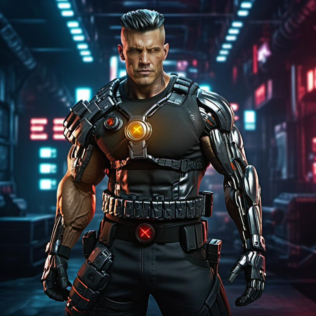 Cable1024, a muscular man with a robotic arm, full body, crossed arms, cyberpunk background, highly detailed, photography, ultra sharp, film, bokeh, professional, 64k   <lora:Cable1024:0.7>