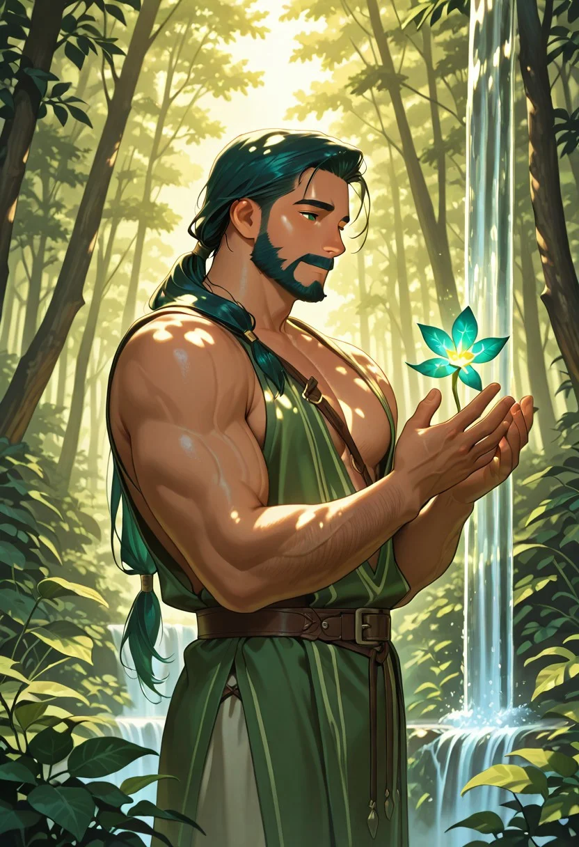 (masterpiece), best quality, 1boy, mbti_enfj, mature man, muscle man, green eyes, black-tied hair, facial hair, ancient forest, magical grove, glowing flora, serene expression, peaceful stance, sun dappled leaves, ethereal mist, ancient trees, flowing waterfall, nature's embrace, calm demeanor, wise gaze, natural light, lush greenery, bioluminescence, soft focus