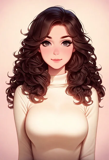 1girl, brown curly hair, long hair, detailed eyes, neutral smile, medium breast, solo, looking at viewer, wide sweater, artist : tsuaii,
neutral pastel background, masterpiece, best quality, very aesthetic