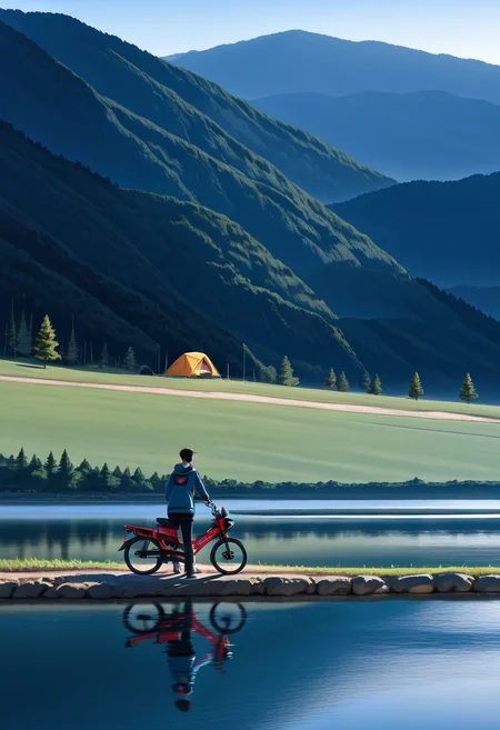 score_9,score_8_up,score_7_up,score_6_up,source_anime,masterpiece,best quality,
bike is parked,campsite,lake,simple background,windy,off-road,lake,tent,<lora:CT125:1>,CT125,