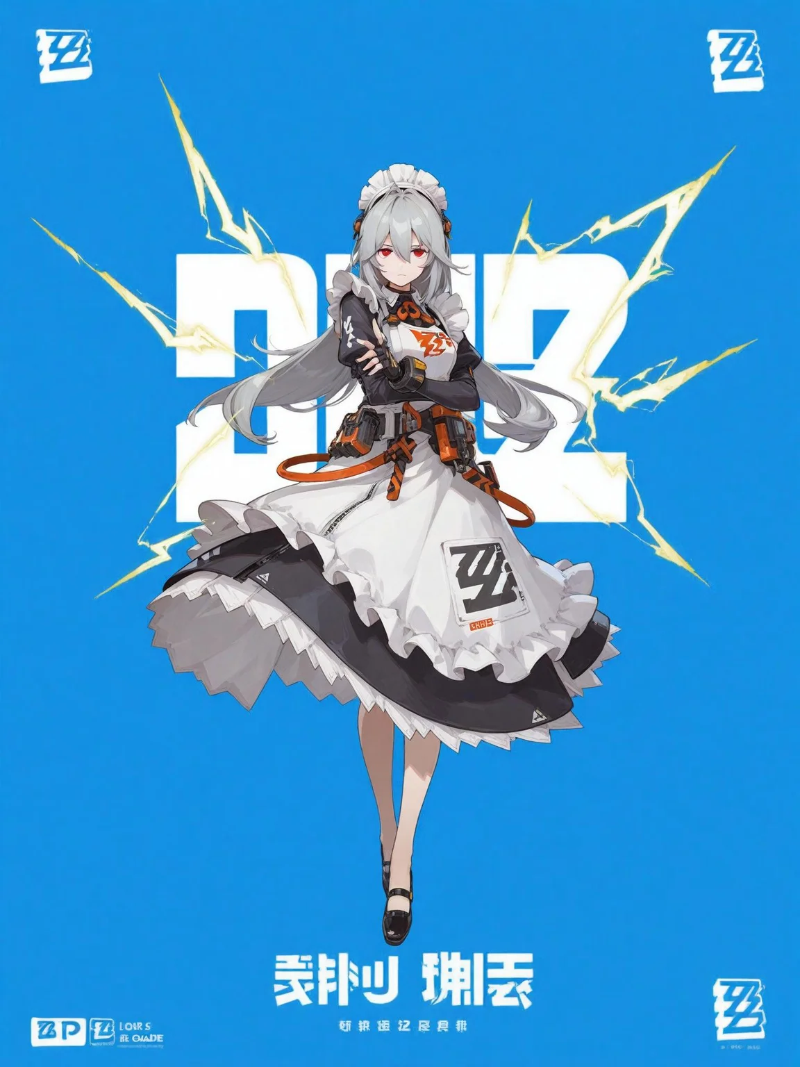 ZZZ, 1girl, long hair, red eyes, bangs, maid, full body, looking at viewer, dress, blue background, maid headdress, grey hair, long sleeves, gloves, hair between eyes, solo, apron, maid apron, closed mouth, electricity, black footwear, fingerless gloves, black gloves, video game art, promotional art, stylized illustration, logo placement, text