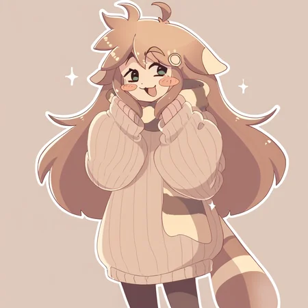 score_9, score_8_up, score_7_up, score_6_up, gretafurret, 1girl, long hair, ahoge, tail, blush stickers, raccoon tail, blush, raccoon ears, bangs, green eyes, personification, hairclip, sparkle, brown hair, striped scarf, ribbed sweater, black pantyhose, long sleeves, sleeves past wrists, brown boots, sleeves past fingers, hairclip, sweater dress, puffy sleeves, oversized clothes, brown sweater, solo, open mouth, :3, hands up, full body, smile, standing, three quarter side view, simple background