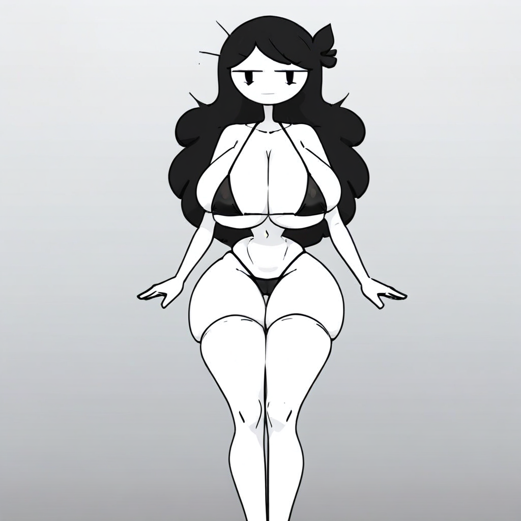 (Jaiden-mom)(white skin)(long hair,black hair)(Black oval eyes,simple eyes,dot eyes)(Age lines,Milf,slim,thin arms,long legs,huge breasts,small waist,wide hips,thick thighs)(bikini)