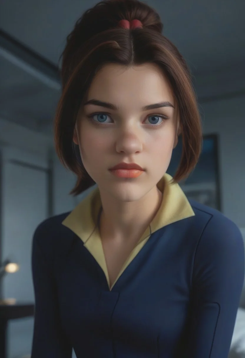 score_9, score_8_up, score_7_up, realistic photo of ktprd, 18-year-old 1girl, unique angle, unique framing, upper body, face focus, (looking at viewer), parted lips, 1girl, brown hair, high ponytail, orange lips, blue eyes, hero bodysuit, yellow belt, by loish, masterpiece, lips parted, slim figure, petite, (indoors, sci-fi room, meta walls, blurred background, shadowed background), side lighting, warm lights