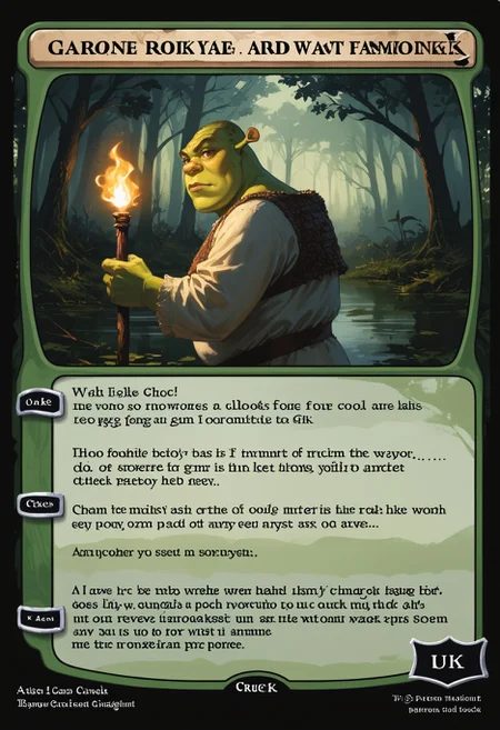green c4rd,english text,character name,
from side, swamp, dark, forest, dark lighting, holding torch, holding axe,
shrek, green skin
score_9,score_8_up,score_7_up, source_anime,
<lora:MTG_card_v2:1> <lora:Shrek_XLPD:0.8>