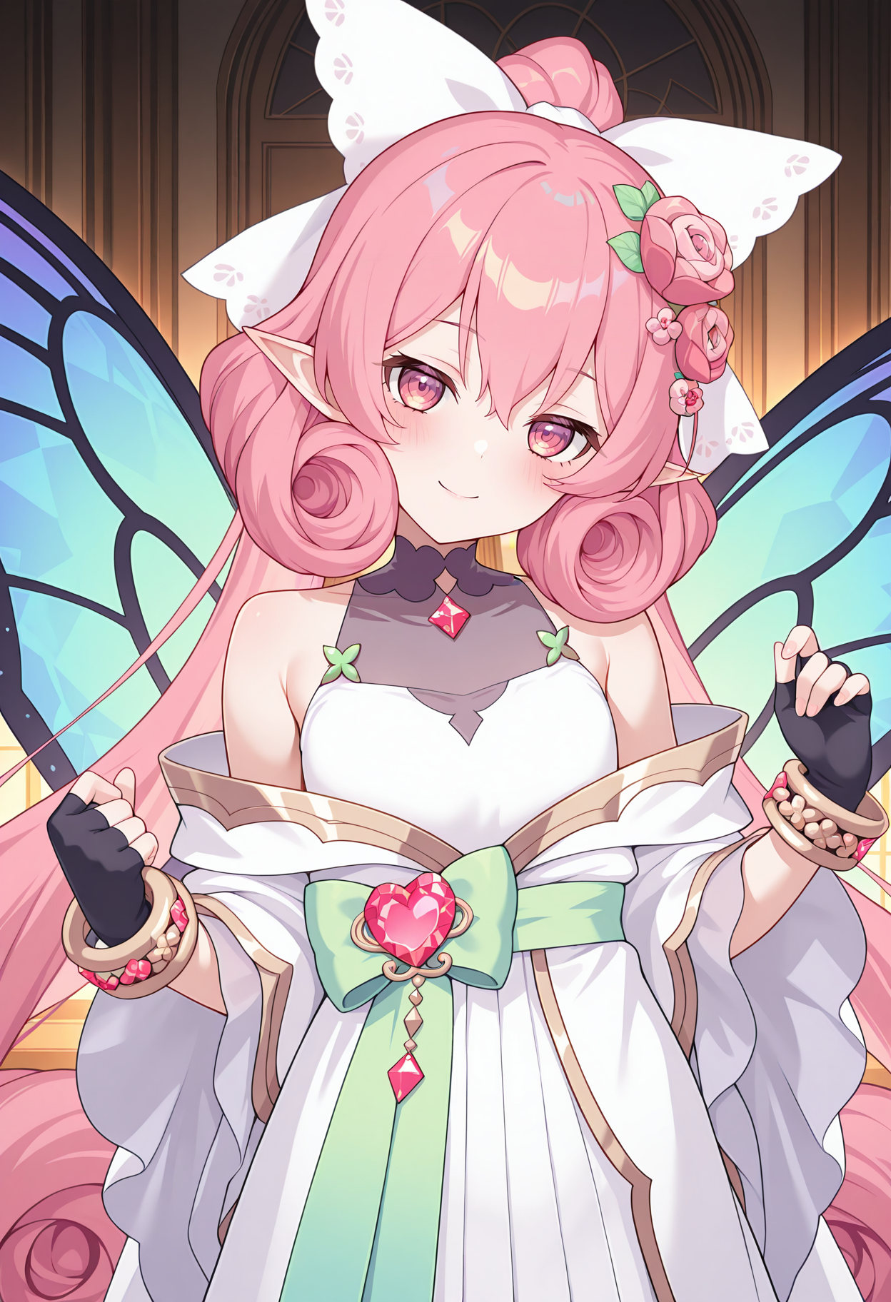 pcrneneka, pink hair, pointy ears, very long hair, curly hair, pink eyes, indoors, nnkalpha, ponytail, hair flower, hair bow, white bow, white dress, bare shoulders, sleeveless dress, off-shoulder dress, green bow, green sash, pink rose, gold trim, wide sleeves, fingerless gloves, black gloves, bracelet, butterfly wings, smile, blush, head tilt, looking at viewer, highres, best quality, masterpiece,
1girl, solo,
<lora:_neneka_pcr-elesico-ilxlA:1>