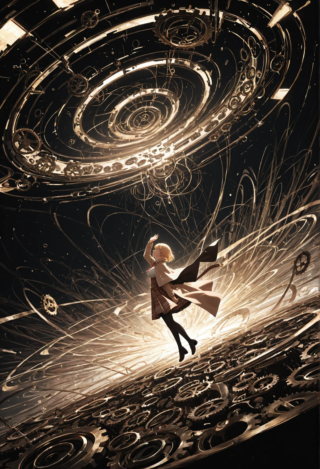 watson_amelia, floating, floating clothes, abstract, mechanical, gear, vortex, from side, hand up, masterpiece, absurdres