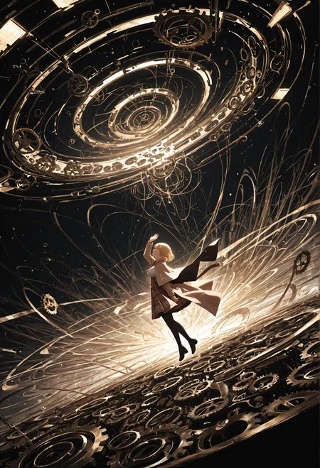 watson_amelia, floating, floating clothes, abstract, mechanical, gear, vortex, from side, hand up, masterpiece, absurdres