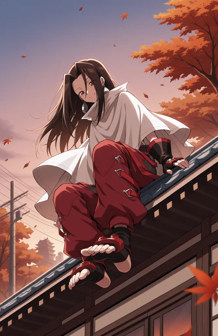 sk21_hao, solo, cloak, wind, fingerless gloves, earrings, hao pants, 
on roof, sitting on roof, foot dangle,
from below,
looking down, happy, smile, feet up,
<lora:[Char - IL] Shaman King - Asakura Hao (R1E12):1>
BREAK
dusk, falling leaves, autumn, trees, window, skyline, utility pole, east asian architecture,
best quality, masterpiece, highres,