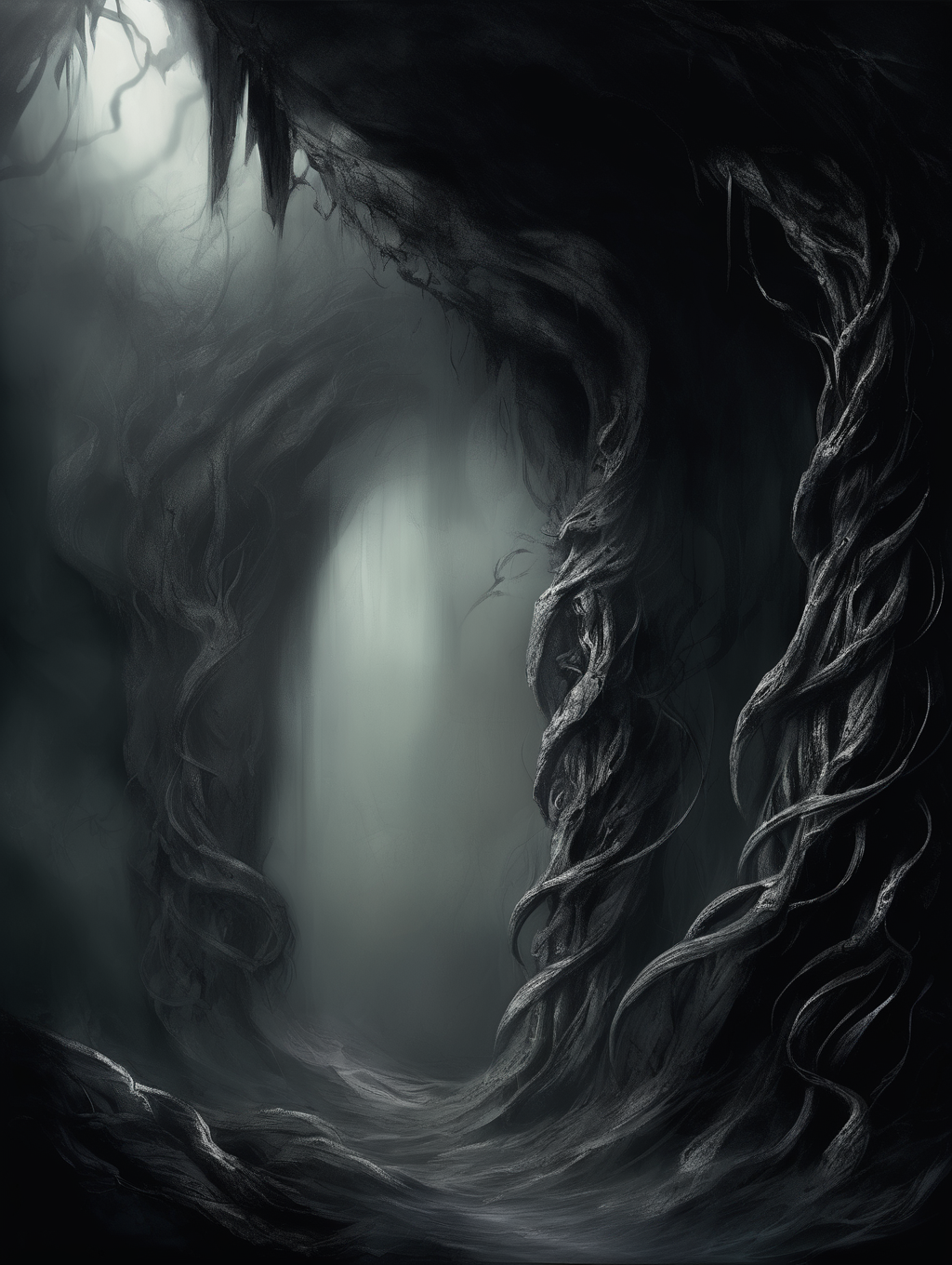 <lora:Dark Fantasy:1>Dark Fantasy - The Whisper of Shadows is a mystical barrier that shrouds the entrance to the Enchanted Caves on the Isle of Forgotten Whispers. It appears as an ethereal curtain of darkness, swirling with malevolent energy. Wisps of shadowy tendrils snake around, creating an ominous and foreboding atmosphere. It is an ever-shifting veil, elusive and captivating, making it nearly impossible to see beyond its boundaries. The Veil of Shadows reacts to light and truth, recoiling in the face of unwavering determination