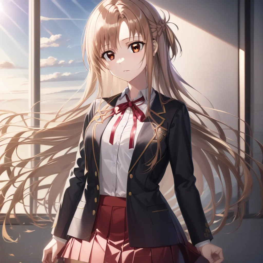 asuna yuuki, long hair, brown hair, (brown eyes:2), BREAK skirt, shirt, long sleeves, ribbon, school uniform, jacket, white shirt, red ribbon, black jacket, neck ribbon, BREAK indoors, school, sun, sky, BREAK looking at viewer, (cowboy shot:1.5), BREAK (masterpiece:1.2), best quality, high resolution, unity 8k wallpaper, (illustration:0.8), (beautiful detailed eyes:1.6), extremely detailed face, perfect lighting, extremely detailed CG
