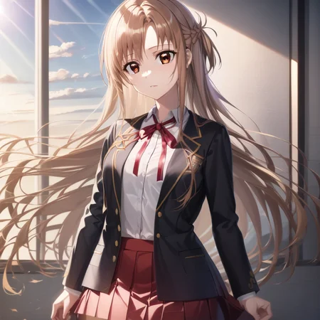 asuna yuuki, long hair, brown hair, (brown eyes:2), BREAK skirt, shirt, long sleeves, ribbon, school uniform, jacket, white shirt, red ribbon, black jacket, neck ribbon, BREAK indoors, school, sun, sky, BREAK looking at viewer, (cowboy shot:1.5), BREAK (masterpiece:1.2), best quality, high resolution, unity 8k wallpaper, (illustration:0.8), (beautiful detailed eyes:1.6), extremely detailed face, perfect lighting, extremely detailed CG