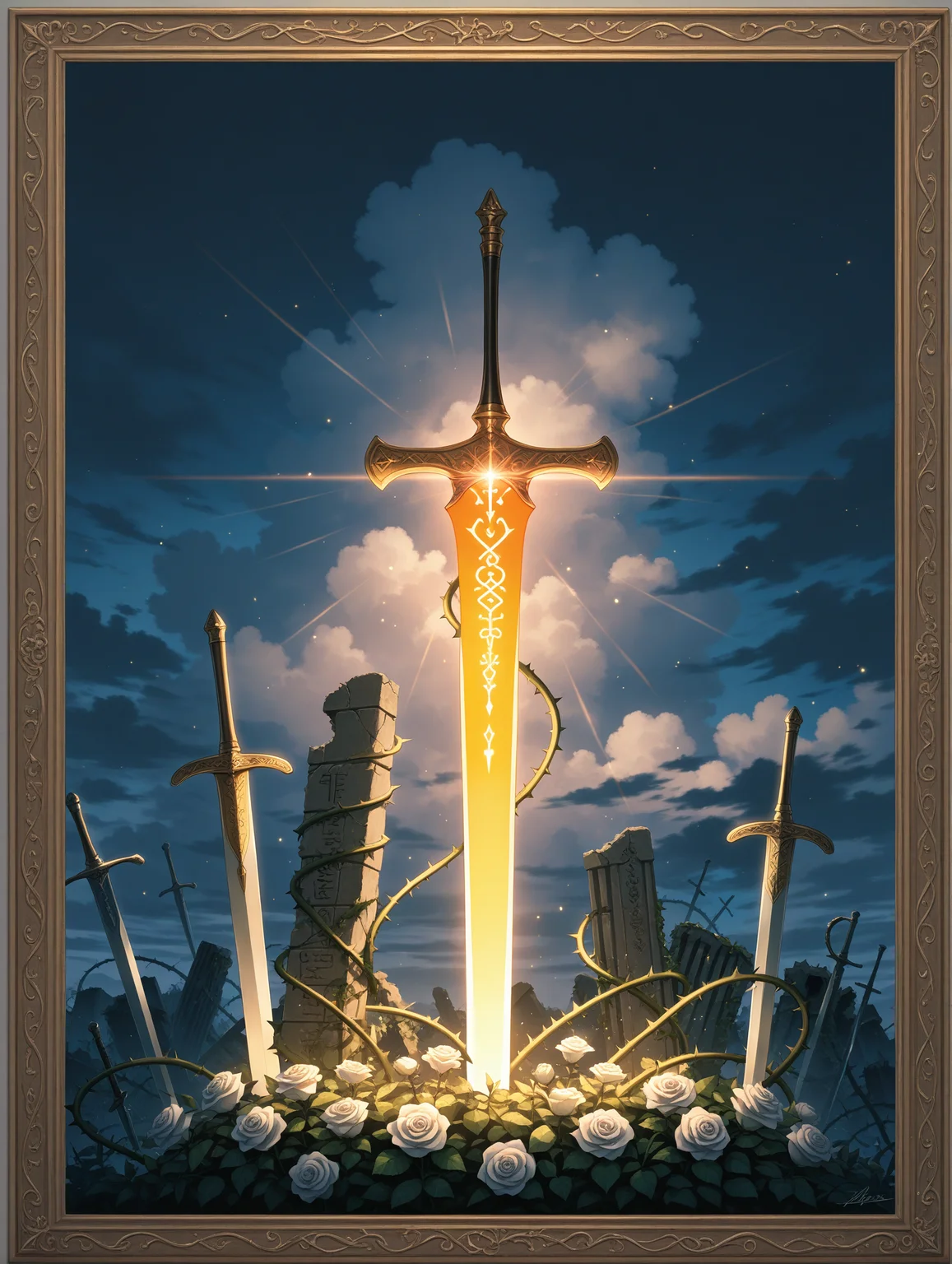 flower, weapon, outdoors, sky, cloud, sword, no humans, night, border, rose, leaf, white flower, cloudy sky, plant, scenery, painting \(medium\), vines, white rose, ruins, planted, planted sword, thorns, still life, The sword is engraved with runes, , Sword surrounded by (light particles:1.2),(flare:1.2)light rays
,masterpiece,best quality,amazing quality,