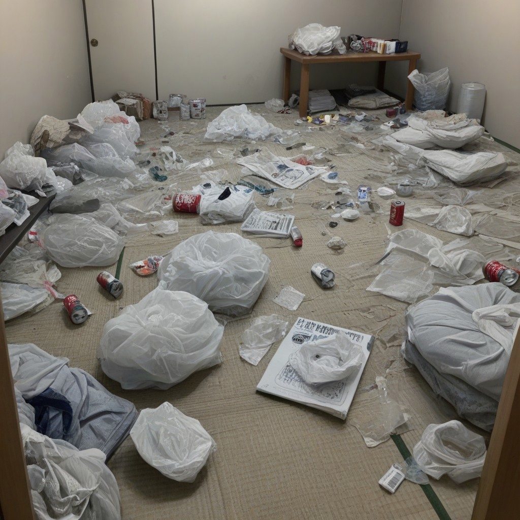 no human, 
messy room, dirty room, plastic bottles, cans, plastic bags, magazines, tissues, undressed clothes, 
on floor, 
in tatami room, tatami floor, on tatami floor, stained tatami, stained walls,