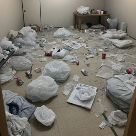 no human,
messy room, dirty room, plastic bottles, cans, plastic bags, magazines, tissues, undressed clothes,
on floor,
in tatami room, tatami floor, on tatami floor, stained tatami, stained walls,