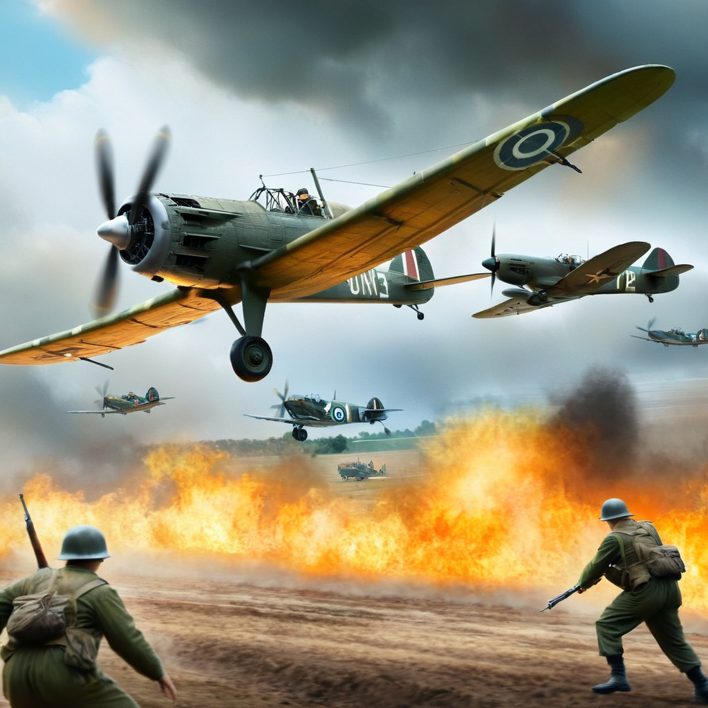 concept art of a painting of a military scene with a plane flying over it Saving Private Ryan Cinematic Film Style
 <lora:Saving Private Ryan Cinematic Film Style:1>
 <lora:PerfectEyesXL:1> <lora:lora6:1>
 <lora:perfect hands:1>
perfect hands, digital artwork, illustrative, painterly, matte painting, highly detailed