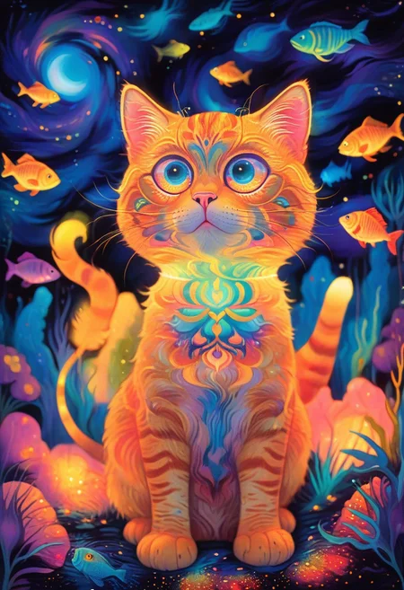 cute scene by Dan McPharlin, Radiant, big-eyed fluffy cat at night, fishes around the cat in the background, abstract art by Anne Truitt, Synthetism, psychedelic colors, psychadelicchaos, psychadelic, sharp focus, highly intricate, full color, confident, intricate artistic color, handsome