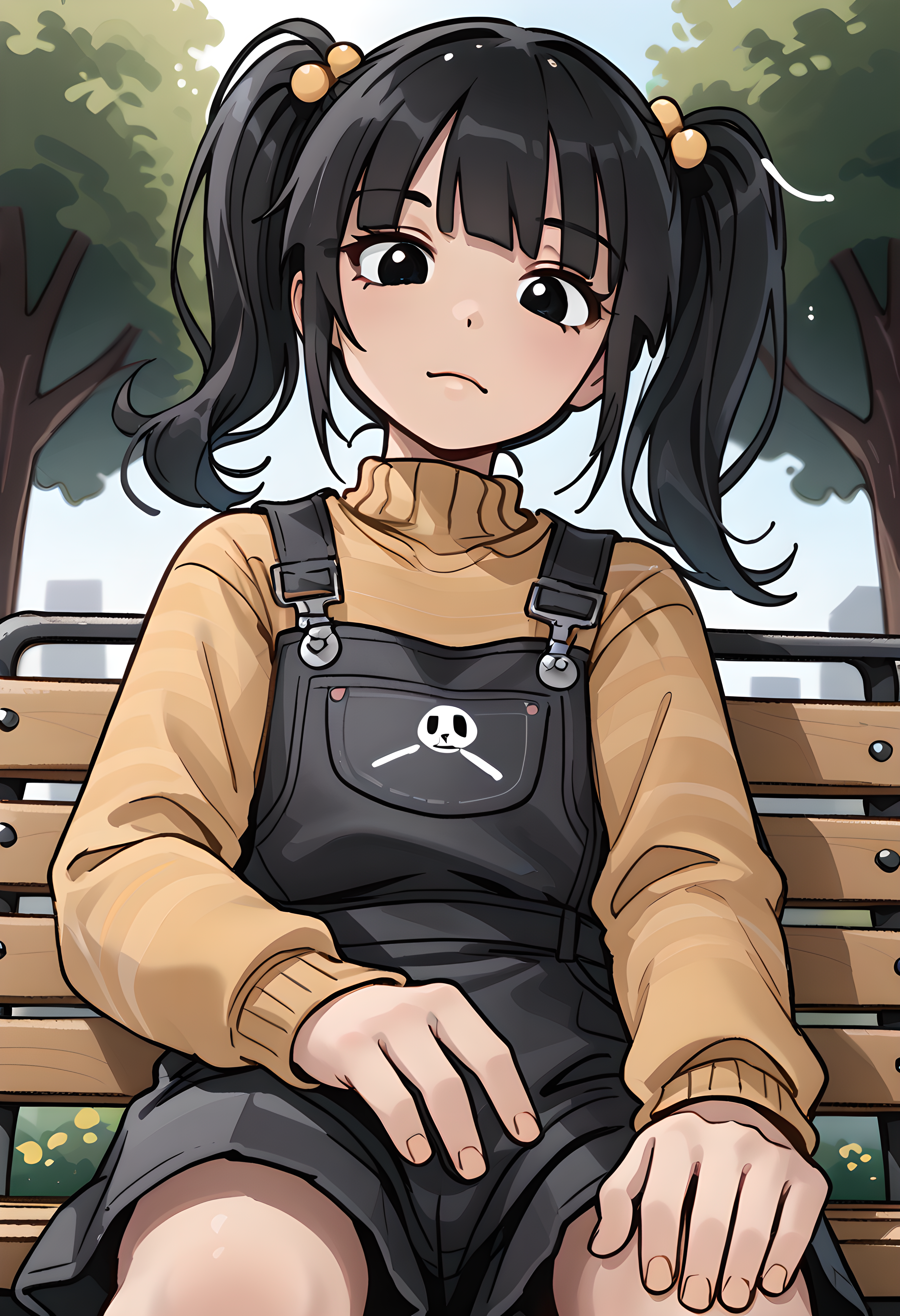 <lora:cassidy_v3:1> drawing ,cartoon girl, overalls 1girl, black hair, twintails, overalls, solo, black eyes,, hair ornament, sweater, looking at viewer, bangs, long sleeves, ,cassidy,stting,,from below,skirt,sitting on park bench,skirt,