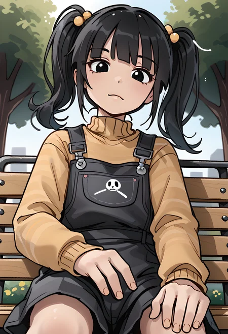 <lora:cassidy_v3:1> drawing ,cartoon girl, overalls 1girl, black hair, twintails, overalls, solo, black eyes,, hair ornament, sweater, looking at viewer, bangs, long sleeves, ,cassidy,stting,,from below,skirt,sitting on park bench,skirt,