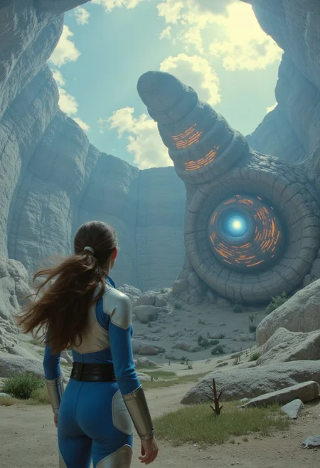 Surreal color-grain Star Wars style summer scene of a Jedi warrior in a tight blue/White combat suit, her billowing long hair flowing behind her as she stands before a colossal, ancient stone shrine that spirals skyward like a twisted snail shell. The edges of the world bend and curve upward, as if the land itself is warping toward the heavens, creating a surreal and otherworldly effect. The surface of the shrine is adorned with glowing orange and blue light lines, radiating a magical and mysterious aura that contrasts with the distorted, skyward-curving landscape around it. Sunrise light pierces through fluffy clouds, casting extreme volumetric lighting and an atmospheric haze over the scene. The surreal upward bending of the land enhances the dreamlike quality of the moment. Film grain adds a cinematic touch, with shallow depth of field enhancing the epic, moody atmosphere, creating a highly detailed, high-budget cinemascope moment within this warped, surreal reality.