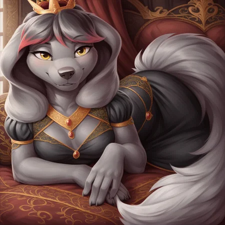 masterpiece, score_9_up, score_8_up, score_7_up, score_6_up, source_furry, (best quality:1.1), ultra-detailed, high resolution, 1dog girl, solo, Princess Molly, female, sexy anthro, canine, slim body, (((beautiful detailed yellow eyes))), long eyelashes, Looking at the viewer, black fur, short black hair, red hair tips, fluffy tail, big floppy dog ears, animal nose, seductive facial expression, small breast, royal clothes, crown, black dress, cozy living room, lying on side, beed, full body, detailed facial features, expressiveh, highly visible, sharp focus, anatomically correct, detailed background