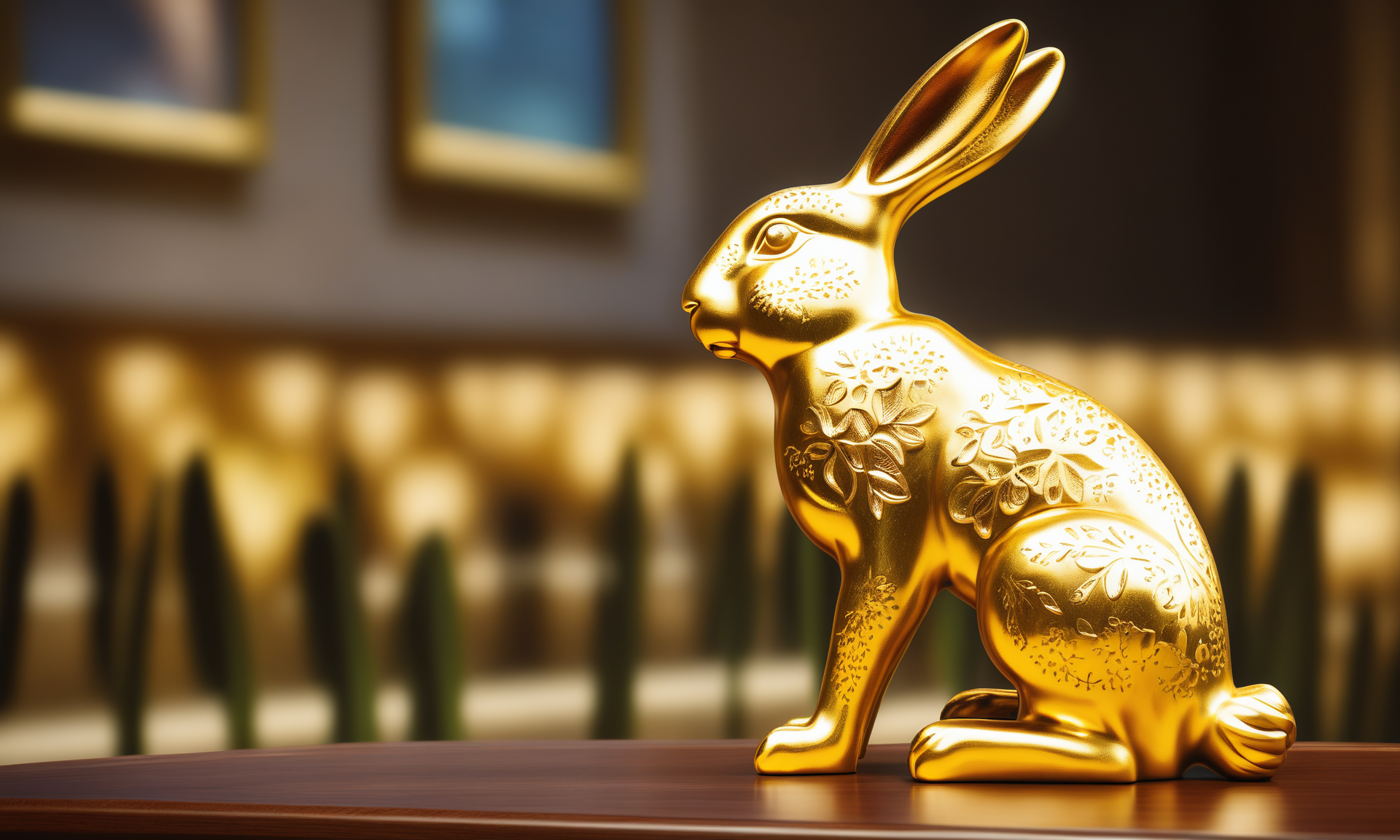 <lora:goldcarvingcd_xl-000006:0.8>,a statue of a hare made of golden in office scene,goldcarvingcd_xl,gold carving,indoors,chinese zodiac,wooden table,cutie,cute,still life,animal statue,front view,facing viewer,looking at viewer,(Unbelievable Digital Artwork:1.3),fine art,CGSociety,ArtStation,master works, emotional, harmonious, high budget, moody, epic, gorgeous, perfect lighting, realistic, photorealistic, photographic, photo (medium),real, moody lighting, volumetric lighting, reality ray tracing, 8K, HDR, UHD, masterpiece, best quality, highly detailed, high resolution, finely detail, extremely detailed, ultra detailed, wallpaper